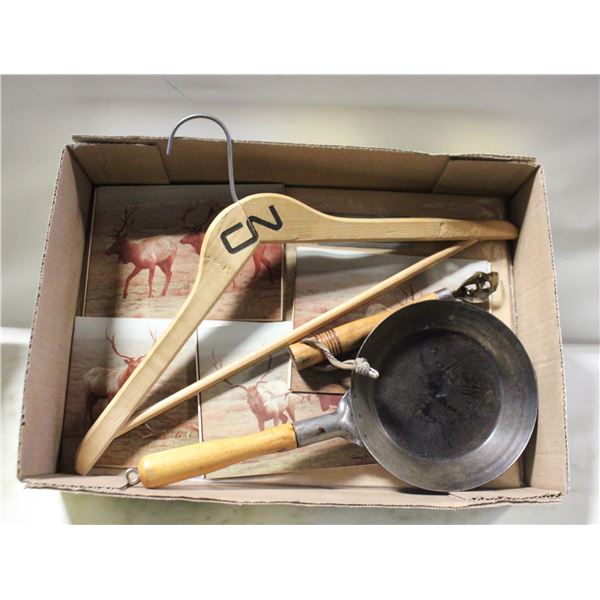 VINTAGE 'CN' WOOD CLOTHES HANGER, SKILLET,