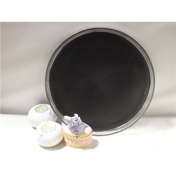 12” GLASS SERVING TRAY, 2 MARBLE TEALIGHT HOLDERS