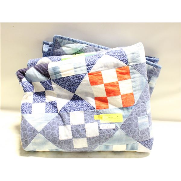 HOME-MADE QUILT, 65"X60", BLUE COLORS, COTTON