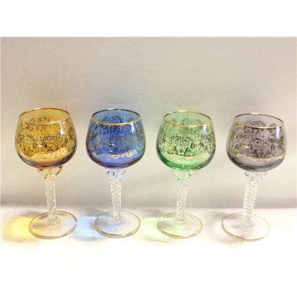 FOUR COLORFUL TWISTED STEM WINE GLASSES