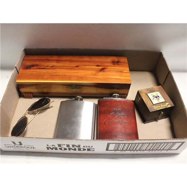 LIQUOR FLASKS, 1 W/ LEATHER WRAP, WOOD