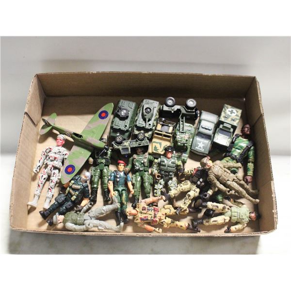 21 MILITARY ARMY SOLDIERS, DIECAST TRUCKS,