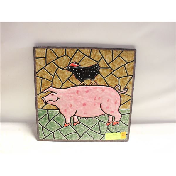 VINTAGE PIG & CHICKEN ART TILE FOR WALL/