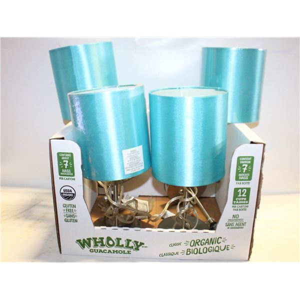 4 SMALL LAMPS WITH BLUE SHADES 15" HIGH