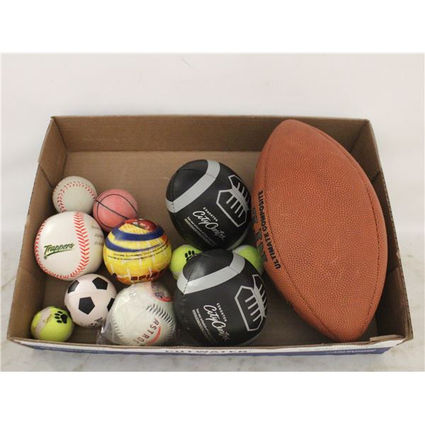 FLAT OF VARIOUS BALLS, FOOTBALLS, HARDBALL, ETC