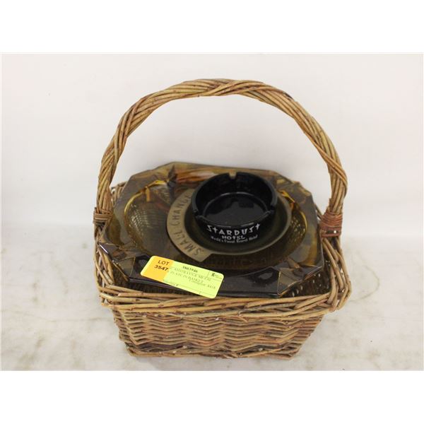 VINTAGE ASHTRAYS & METAL CHANGE PLATE IN BASKET