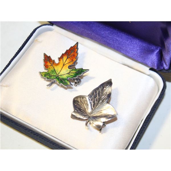 2 VTG STERLING SILVER MAPLE LEAF BROOCHES- 7.1 G'S