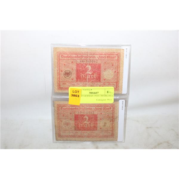 PAIR OF GERMAN 1920 2 MARK BILLS