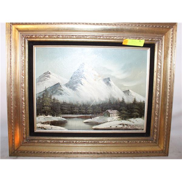 VINTAGE PAINTING CABIN ALONG RIVER IN MOUNTIANS