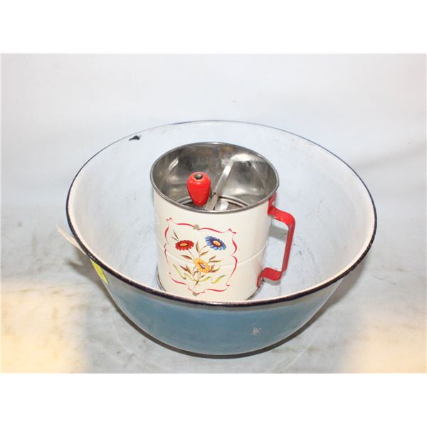 ANTIQUE ENAMEL METAL BREAD BOWL LARGE &