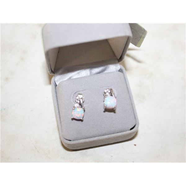 SILVER CREATED OPAL AND NATURAL DIAMOND EARRINGS