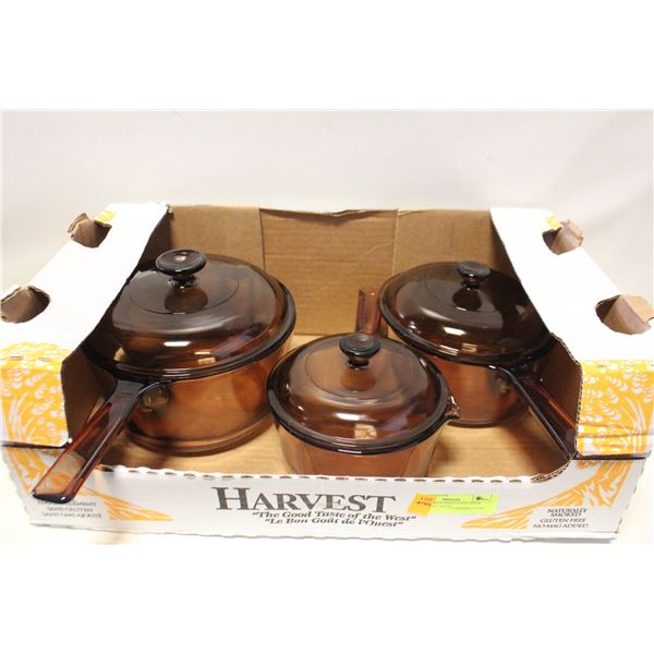 SET OF 3 MATCHING EASY-VIEW GLASS POTS, WITH
