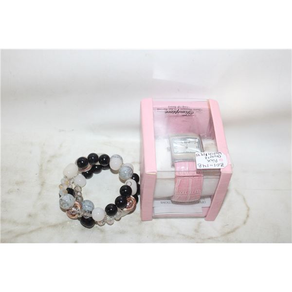 NEW PINK QUARTZ WATCH, EARTHTONE GEMS. BRAC.