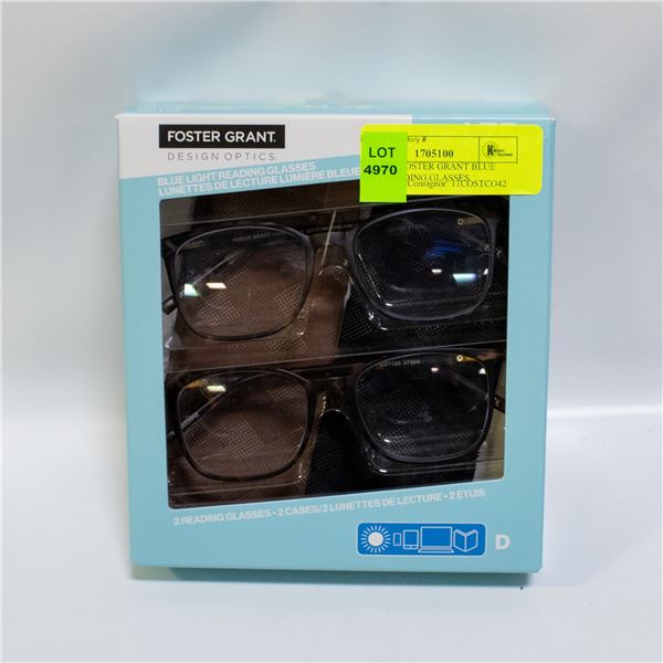 NEW 2 PK FOSTER GRANT BLUE LIGHT READING GLASSES