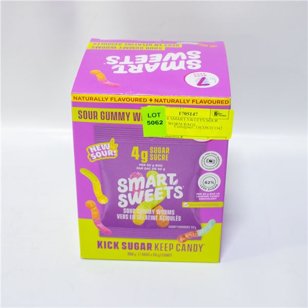 BOX OF 6 SMART SWEETS SOUR GUMMY WORM BAGS
