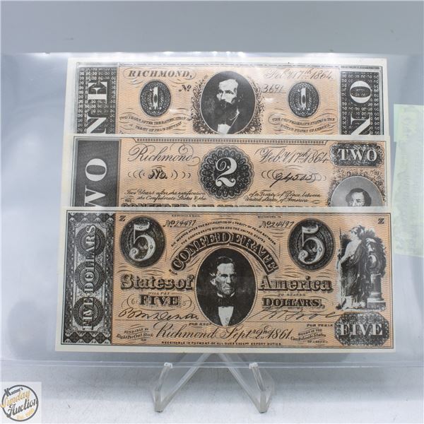 LOT OF 3 CONFEDERATE STATES ONE, TWO AND FIVE