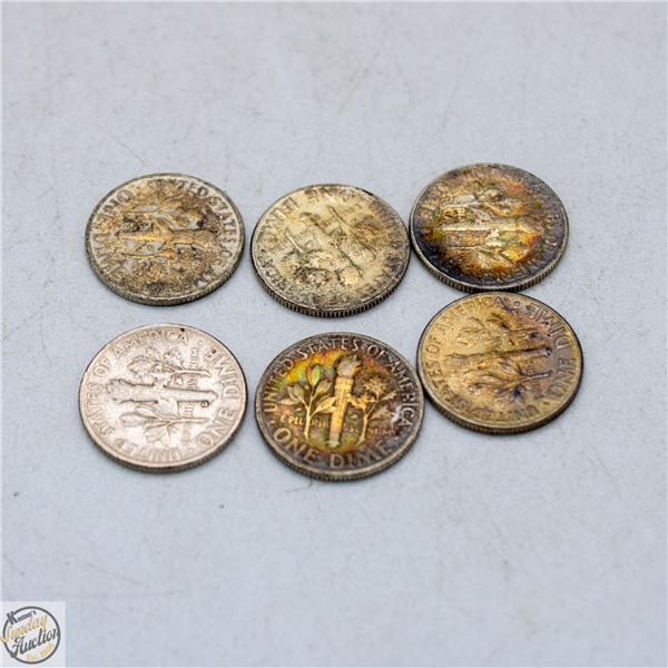 LOT OF 6 - USA 90% SILVER 10 CENTS