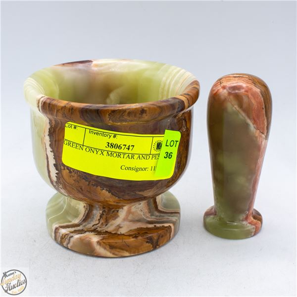 GREEN STONE MORTAR AND PESTLE