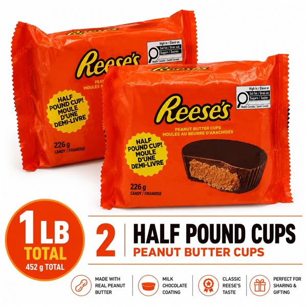 2 REESES HALF POUND PEANUT BUTTER CUPS BB