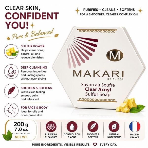 MAKARI DE SUISSE CLEAR ACNYL SULFUR SOAP BAR 200G
