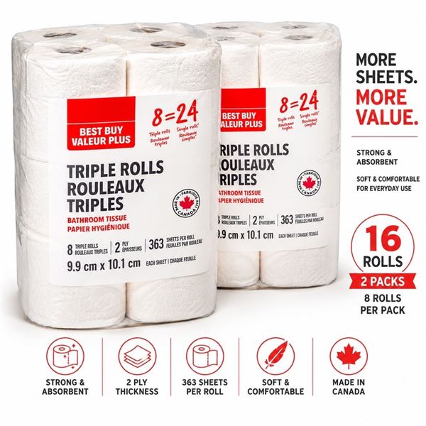 2 BEST BUY VALUE PLUS TOILET PAPER 8 TRIPLE ROLLS