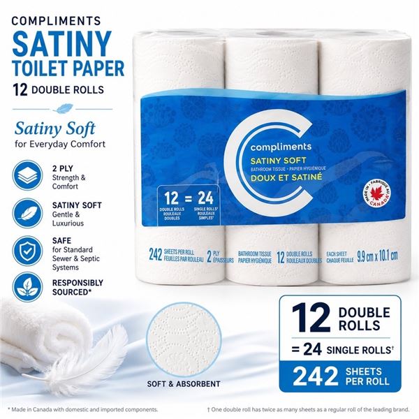 COMPLIMENTS SATINY SOFT TOILET PAPER 12 DOUBLE