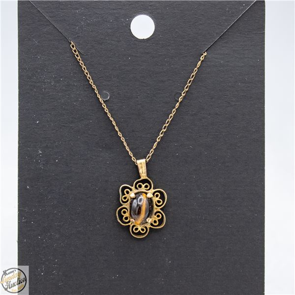 VINTAGE 14K GOLD FILIGREE TIGERS EYE NECKLACE