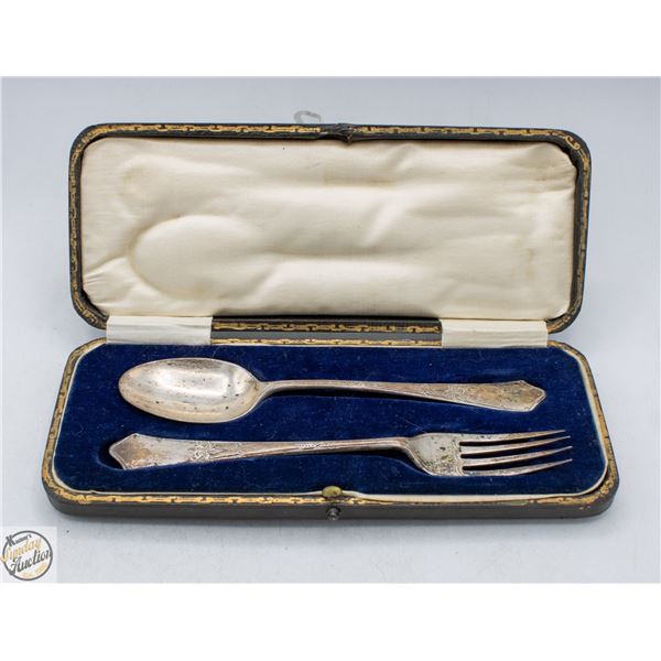 ANTIQUE FORK & SPOON SET SILVER UK STAMP CROWN, 92