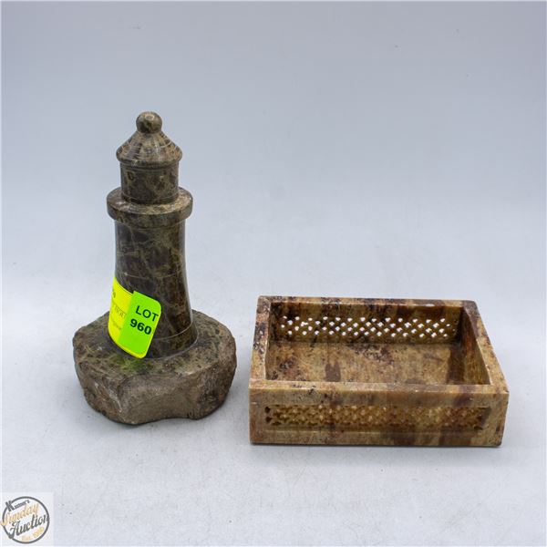 CARVED STONE LIGHT HOUSE WITH STONE TRINKET TRAY
