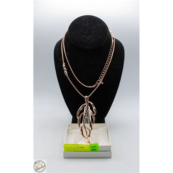 LARGE ROSE GOLD TONE LEAF PENDENT NECKLACE THICK