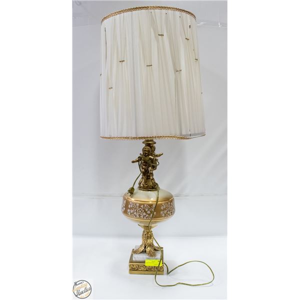 ESTATE CHERUB + MARBLE ORNATE LAMP WITH SHADE