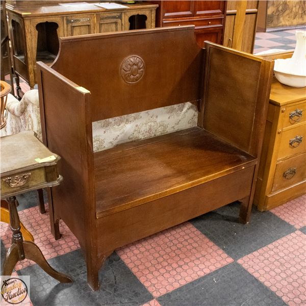 ANTIQUE HIGH BACK HALLWAY BENCH WITH CARVED FLORAL