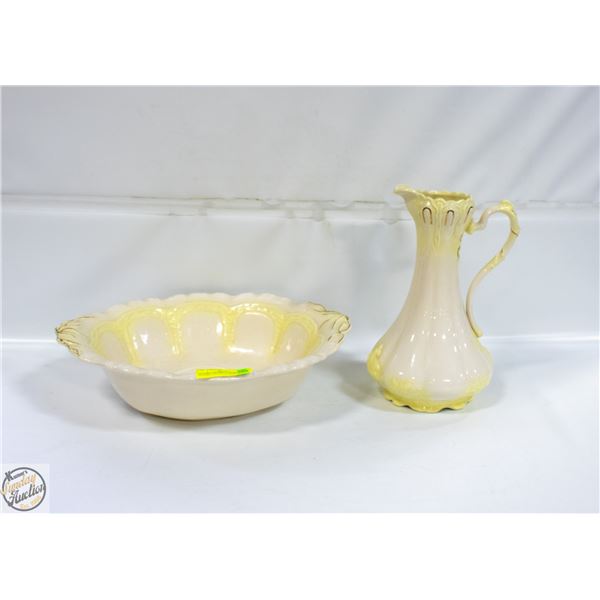 GLAZED CERAMIC WASHING PITCHER AND BOWL SIGNED