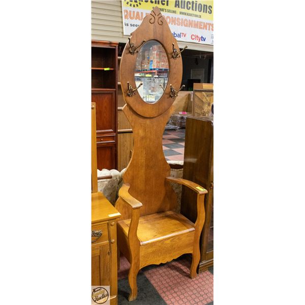 ANTIQUE ART NOUVEAU OAK HALLSEAT WITH OVAL MIRROR