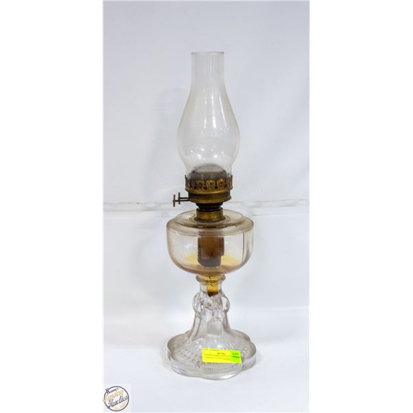 ANTIQUE HURRICANE GLASS OIL LAMP WITH BRASS ACCENT