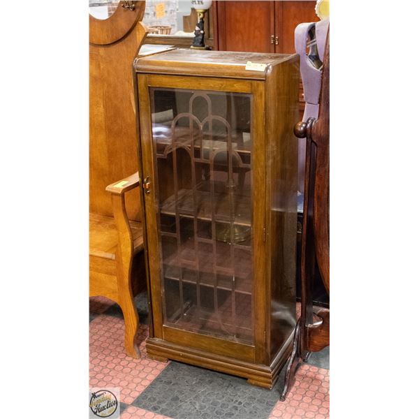 VINTAGE GLASS DOOR CABINET WITH BAKELITE/BRASS