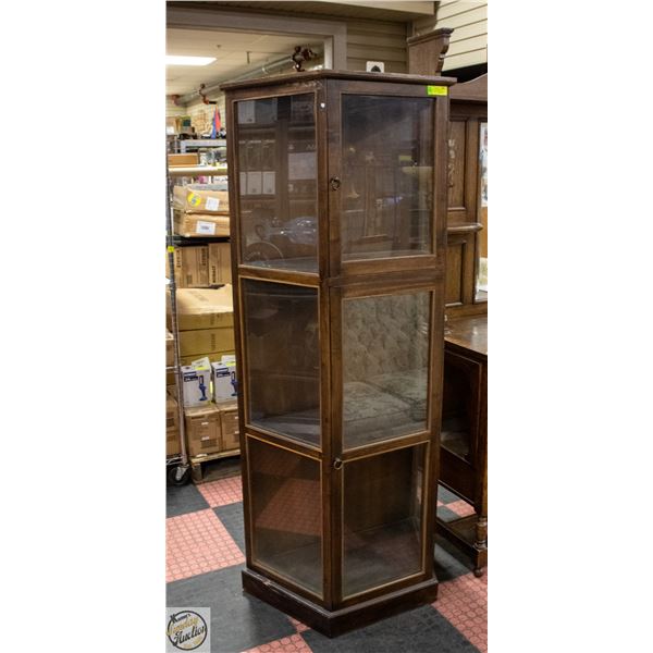 ANTIQUE HALF HEXAGONAL DISPLAY CABINET WITH BRASS