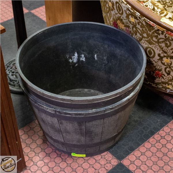 2 LARGE BARREL PLANTERS H-15" DIAMETER-22" ESTATE