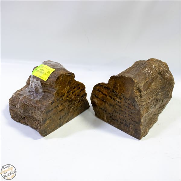 PETRIFIED WOOD BOOK ENDS (HAS INNER WRITINGS)