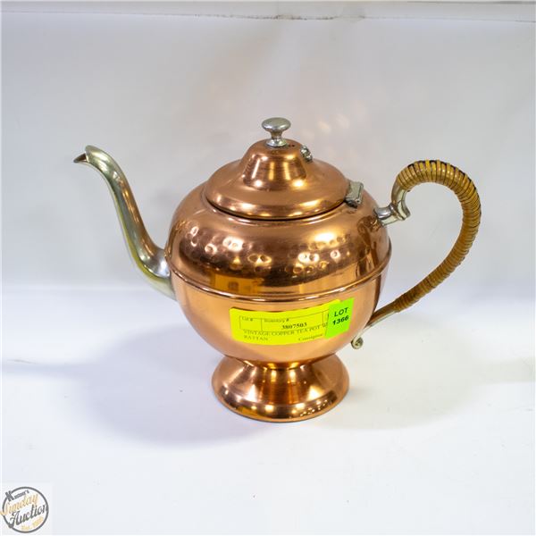 VINTAGE COPPER TEA POT WOVEN RATTAN