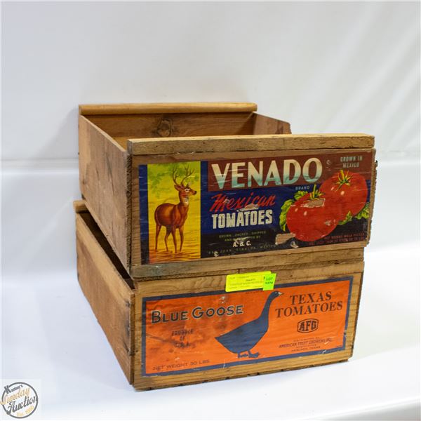 2 VINTAGE WOOD CRATES BLUE GOOSE + VEVADO