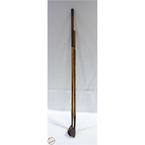 2 WOOD SHAFTED GOLF CLUBS - WALL HANGERS