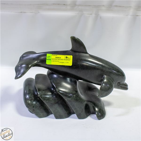 LRG SOAPSTONE DOLPHIN JUMPING WAVES CARVED IN