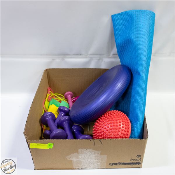 YOGA/WORKOUT ACCESSORIES- BOX LOT ASST.