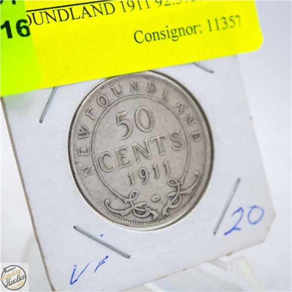 NEWFOUNDLAND 1911 92.5% SILVER COIN