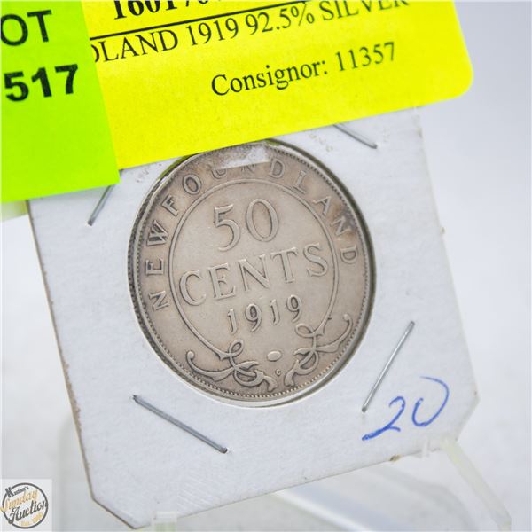 NEWFOUNDLAND 1919 92.5% SILVER COIN