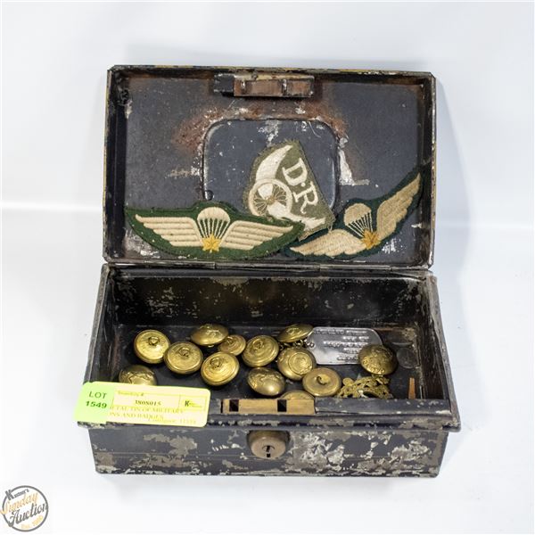 OLD METAL TIN OF MILITARY BUTTONS AND BADGES