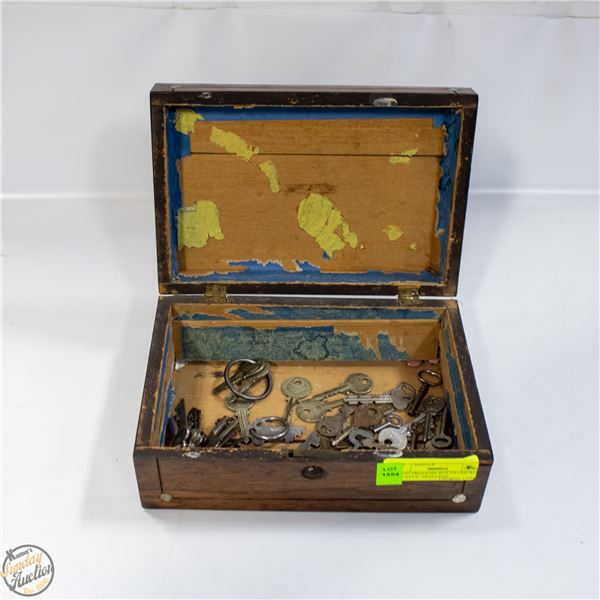 WOOD TREASURE BOX FILLED WITH OLD KEYS - SKELETON