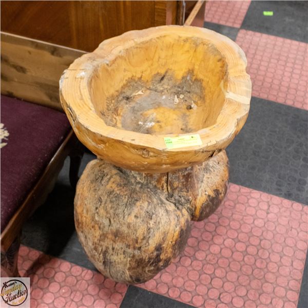 LATHED BURL WOOD MADE INTO PLANTER/BIRD BATH
