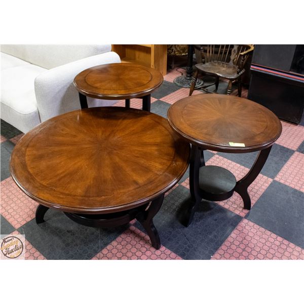 SET OF WOOD TONE COFFEE TABLE+MATCHING END TABLES